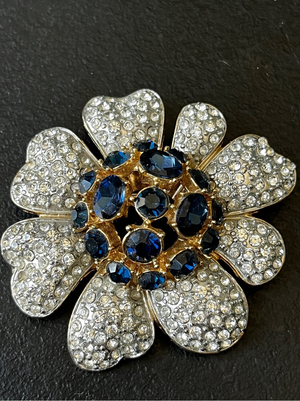 Vintage Blue Sapphire & Rhinestone Flower Large Statement Brooch Pin